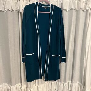 Long open sweater. Teal with white trim.  No buttons